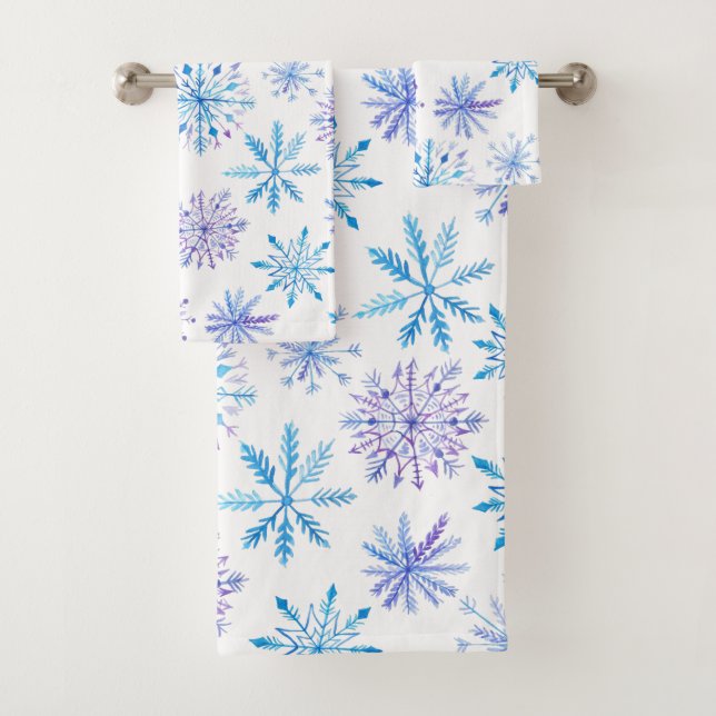 Conjunto De Toalhas Flocos de neve em aquarela azul e roxo (Insitu)
