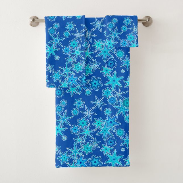 Conjunto De Toalhas Flocos Geométricos Modernos de Neve, Azul Espirro (Insitu)