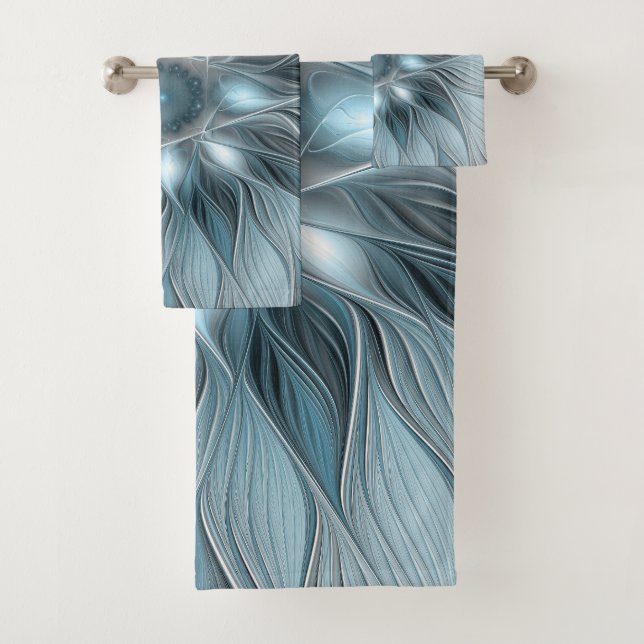 Conjunto De Toalhas Flor Abstrata Alegre Azul Cinza Fractal Floral (Insitu)