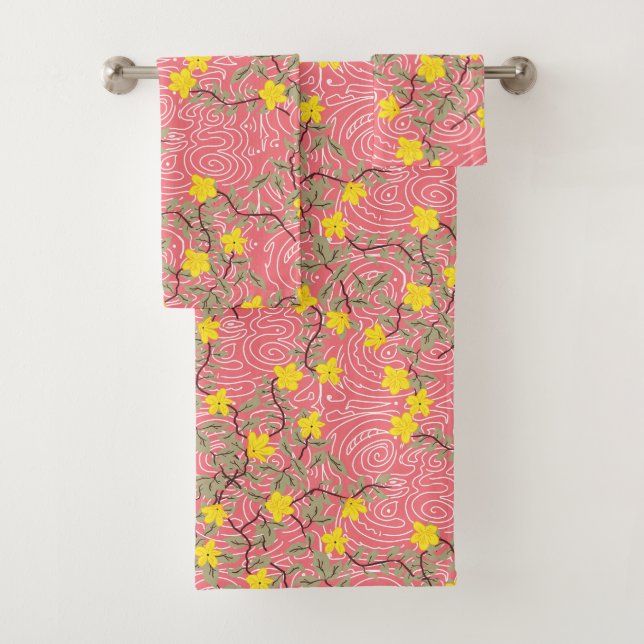 Conjunto De Toalhas Flor amarelo jasmim no rosa coral (Insitu)