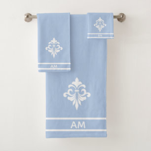 Conjunto De Toalhas Flor Branca, Monograma e Listras em Azul Claro