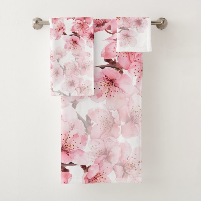 Conjunto De Toalhas Flor de Cerejeira Rosa Branco (Insitu)