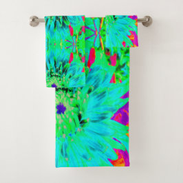 Conjunto De Toalhas Flor de Dália Decorativa Abstrata Aqua