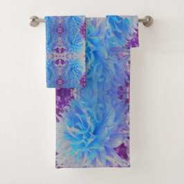 Conjunto De Toalhas Flor de Dália Decorativa Azul Elegante
