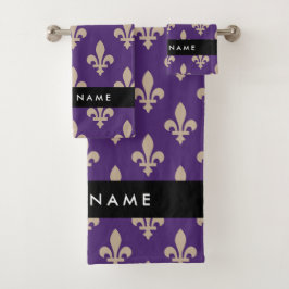 Conjunto De Toalhas Flor de Lis, Bege sobre Roxo, Real, Seu Nome