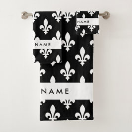 Conjunto De Toalhas Flor de Lis, Branco sobre Preto, Branco, Seu Nome