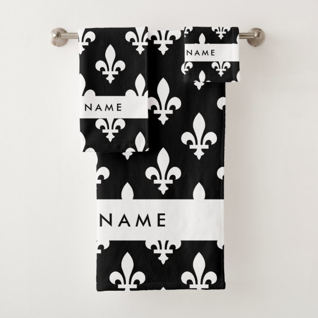 Conjunto De Toalhas Flor de Lis, Branco sobre Preto, Branco, Seu Nome (Insitu)