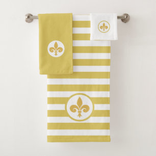 Conjunto De Toalhas Flor de Lis em Listras Douradas e Brancas