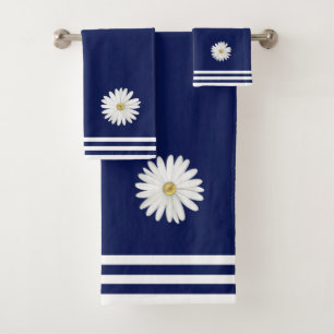 Conjunto De Toalhas Flor de Margarida Branca & Listras em Azul Marinho