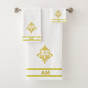 Conjunto De Toalhas Flor de Ouro, Monograma e Listras em Branco