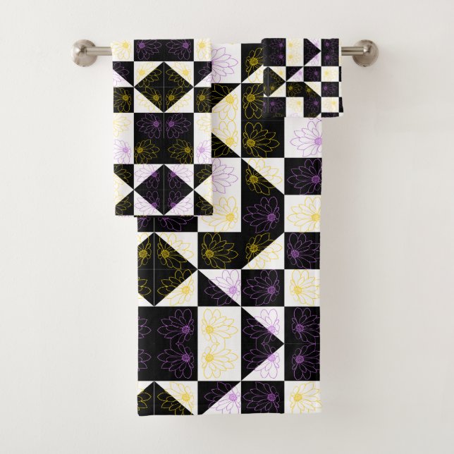 Conjunto De Toalhas flor em padrão Xadrez Estético Monocromático A (Insitu)