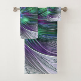 Conjunto De Toalhas Flor Moderna Arte Abstrata Fractal Roxa Verde