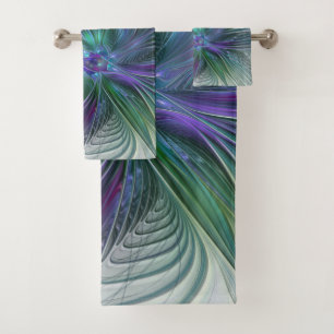 Conjunto De Toalhas Flor Moderna Arte Abstrata Fractal Roxa Verde
