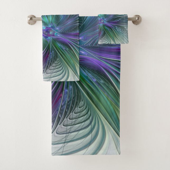Conjunto De Toalhas Flor Moderna Arte Abstrata Fractal Roxa Verde (Insitu)