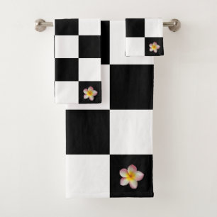 Conjunto De Toalhas Flor personalizada em padrão xadrez preto e branco