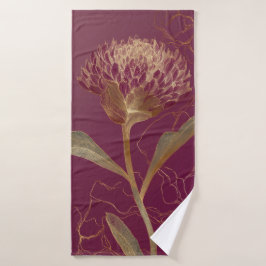 Conjunto De Toalhas Flor Protea Dourada Bordô Ilustração Botânica