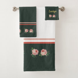 Conjunto De Toalhas Flor rosa e folhas em verde escuro