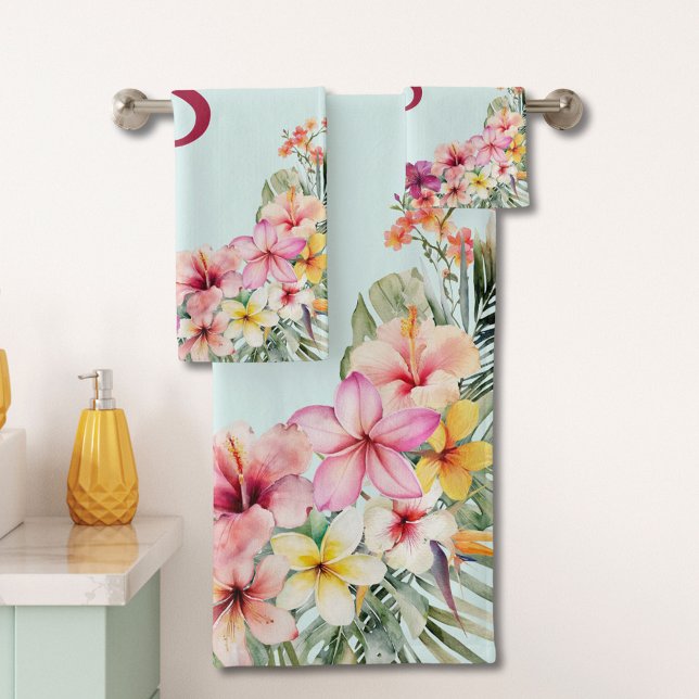 Conjunto De Toalhas Flor Tropical de Hibiscus Rosa Monograma (In situ)