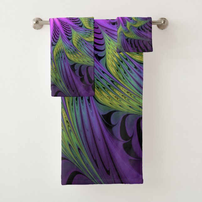 Conjunto De Toalhas Flor Verde Roxo, Abstrato, Arte Fractal (Insitu)