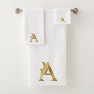 Conjunto De Toalhas Flora luxuosa - letra A em ouro com fundo branco