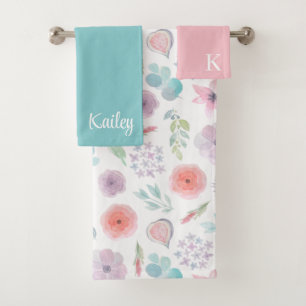 Conjunto De Toalhas Florais De Cor Aquática Monogr