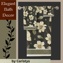 Conjunto De Toalhas Florais, marfim, oliva com borboletas