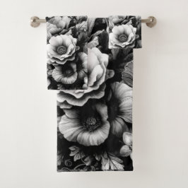 Conjunto De Toalhas  Floral Antigo Monocromático com Borboletas 