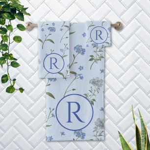 Conjunto De Toalhas Floral Azul Não Me Esqueças Aquarela Monogramada