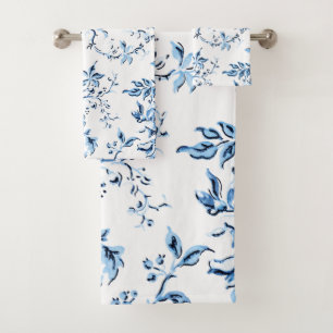 Conjunto De Toalhas Floral Branco e Azul Delft Elegante