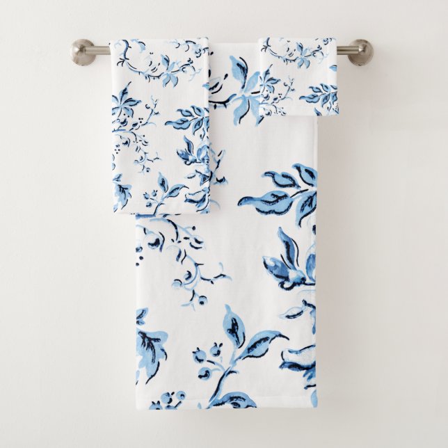 Conjunto De Toalhas Floral Branco e Azul Delft Elegante (Insitu)