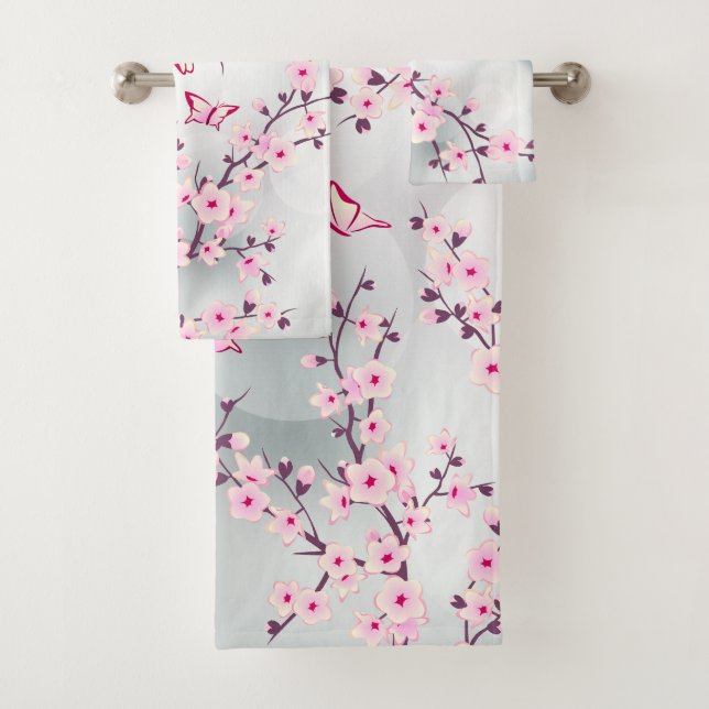 Conjunto De Toalhas Floral Cherry Blossoms Cinzas Rosa (Insitu)