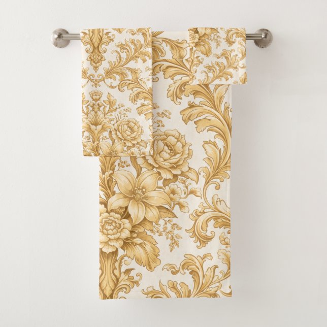 Conjunto De Toalhas Floral Damasco Dourado (Insitu)