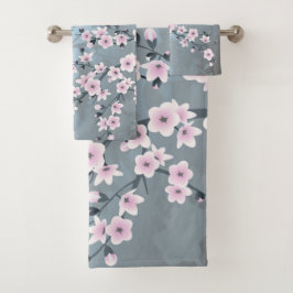 Conjunto De Toalhas Floral de Cerejeira Rosa Poeira Azul