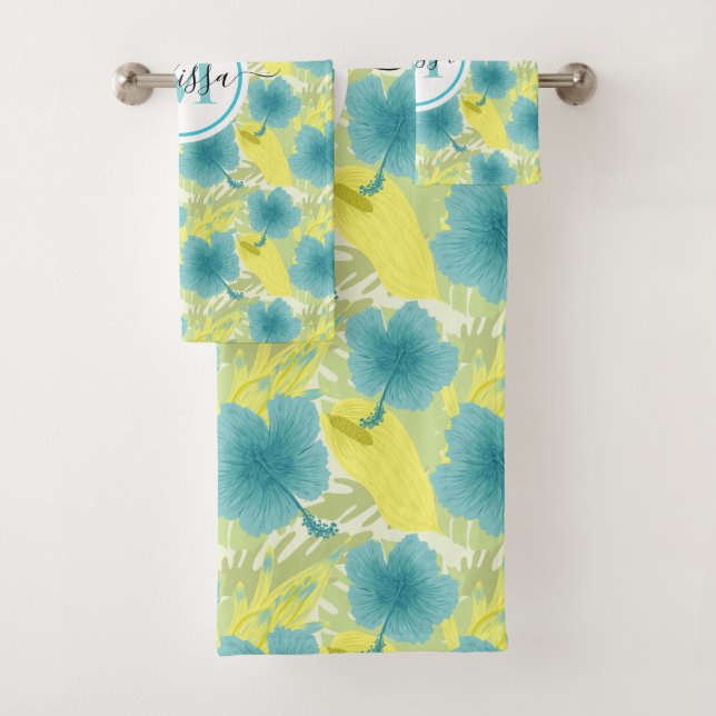 Conjunto De Toalhas floral de monograma amarelo e azul  (Insitu)