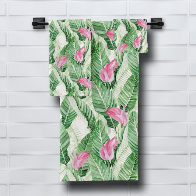 Conjunto De Toalhas Floral e Verde Rosa Tropical (Tropical Pink Floral and Greenery Bath Towel Set, buy separate pieces, too.)