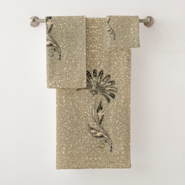 Conjunto De Toalhas Floral Elegante Dourado com Glittery (Insitu)
