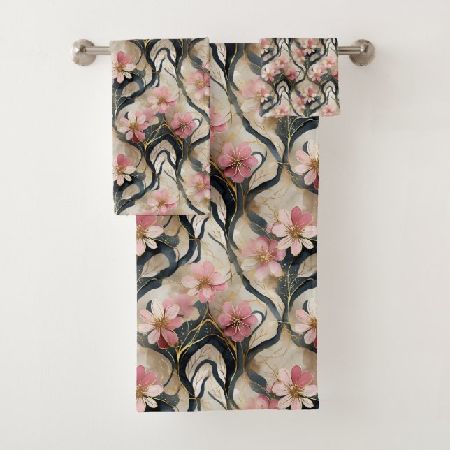 Conjunto De Toalhas Floral Japonês Rosa Dourado (Insitu)