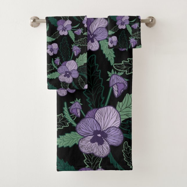 Conjunto De Toalhas Floral Pansy com Folhagem em Fundo Escuro (Insitu)
