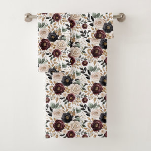 Conjunto De Toalhas Floral Preto Creme Borgonha