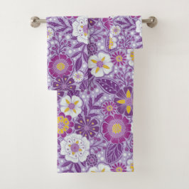 Conjunto De Toalhas Floral púrpura, amarela e magenta