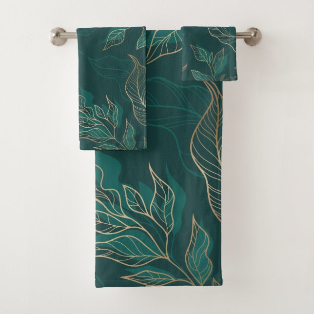 Conjunto De Toalhas Floral Verde Dourado (Insitu)