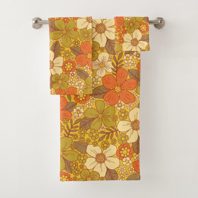 Conjunto De Toalhas Floral Verde Laranja e Verde Oleícola, Retro 60/70 (Insitu)