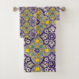Conjunto De Toalhas Flores Amarelas do Padrão Mediterrânico Azul