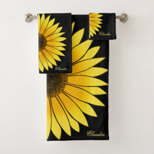 Conjunto De Toalhas Flores Amarelo Girassol em Fundo Negro
