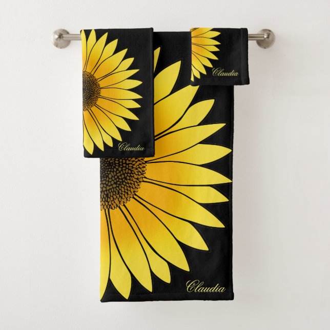 Conjunto De Toalhas Flores Amarelo Girassol em Fundo Negro (Insitu)