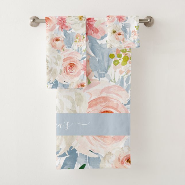 Conjunto De Toalhas Flores Aquarela PixDezines Rosas Rosa Bege (Insitu)
