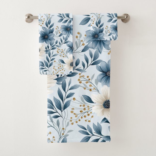 Conjunto De Toalhas Flores Azuis e Beige (Insitu)
