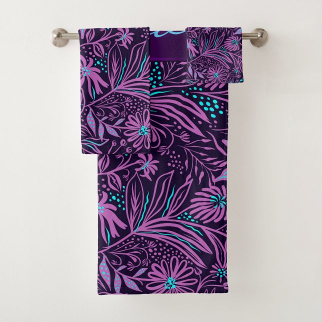 Conjunto De Toalhas Flores Azuis E Roxas (Insitu)