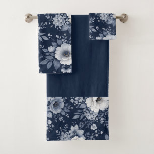 Conjunto De Toalhas flores azuis escuros decoração moderna de banheiro