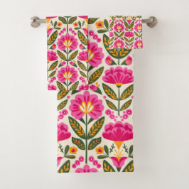 Conjunto De Toalhas Flores BOHO Mexican Talavera Fuchsia Rosa Floral
